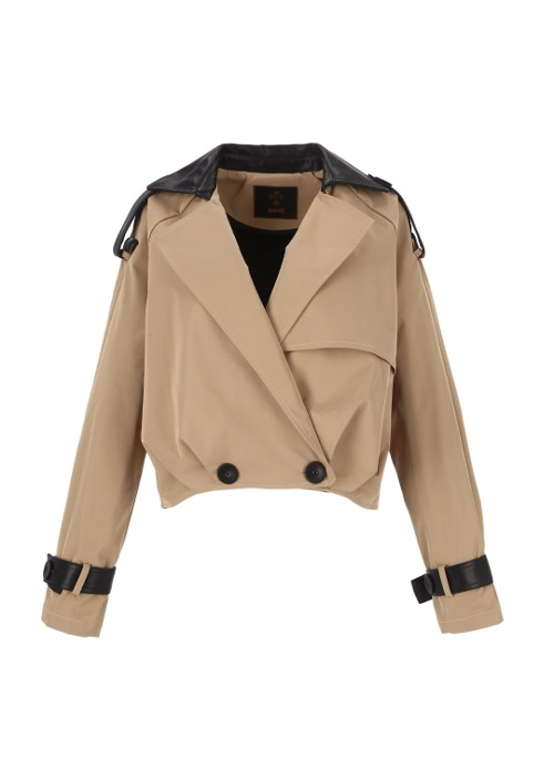 Leather collar short trench jacket