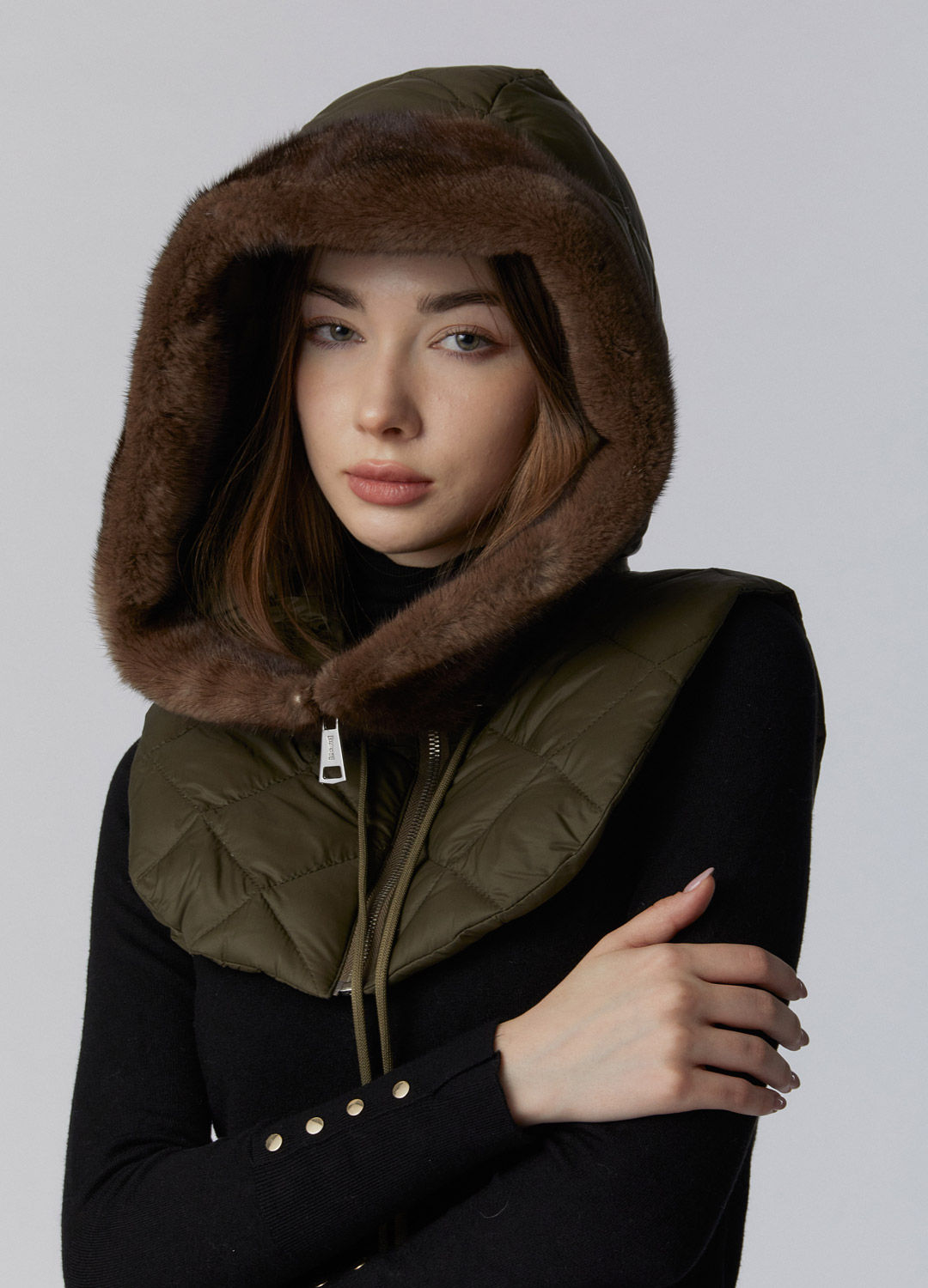 Mink hood quilted collar